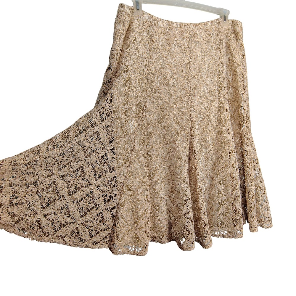 Ruby Rd Womens XL Tan Gold Metallic Crochet Lace Lined A-Line Midi Skirt Boho